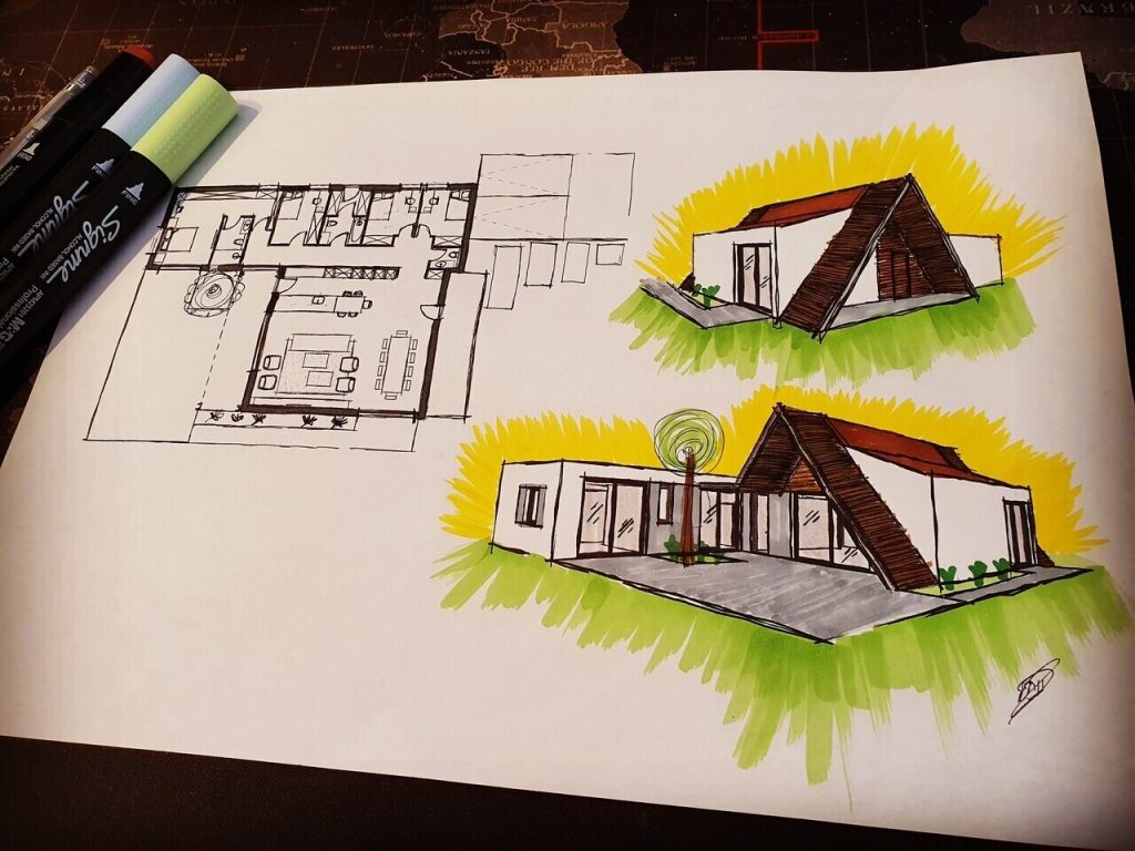 סקיצה צבעונית של תכנון בית פרטי שתכנן יוחאי נמר