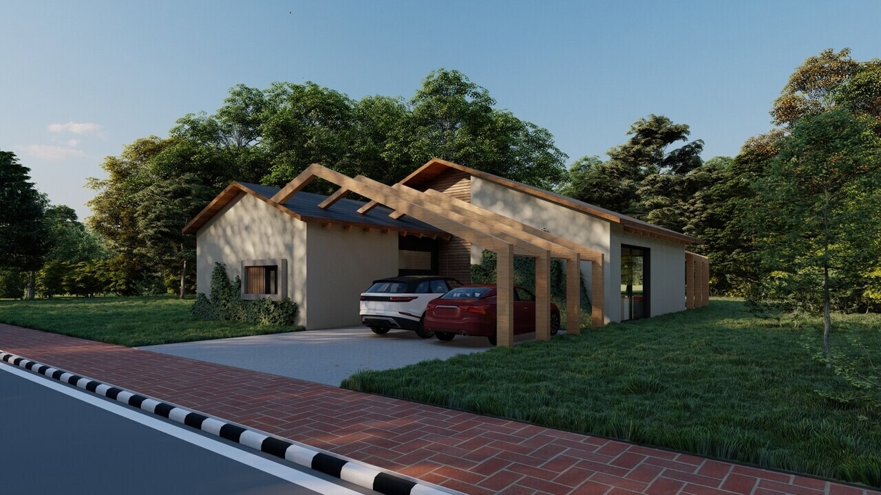 הדמיה - בית - מבט מהכביש והרחוב לכיוון הבית עם גג רעפים ופרגולה עץ