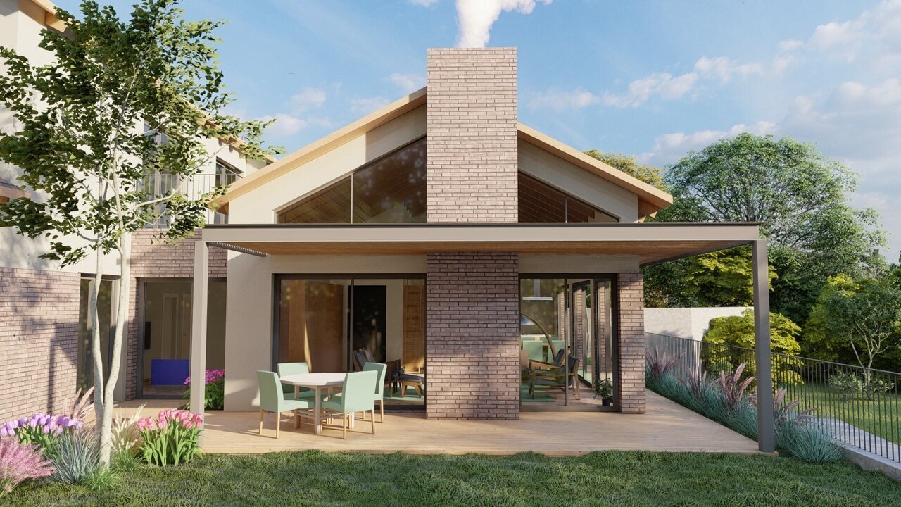 הדמיה של בית MEG - בית במשגב - מבט האחורי יציאה מסלון - ארובת אח ופרגולה מפלדה ועץ